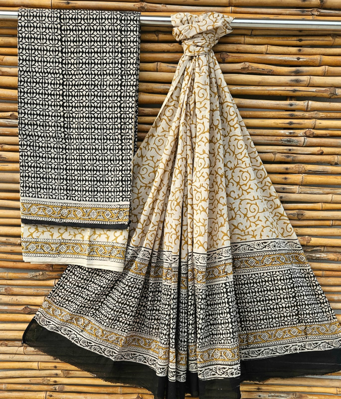 Chic Black and Off-White Hand Block Print Cotton Suit Set