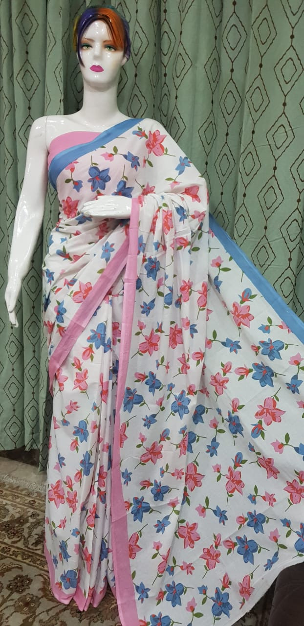 Fresh White Cotton Saree with Pastel Pink and Sky Blue Floral Blossom Print.