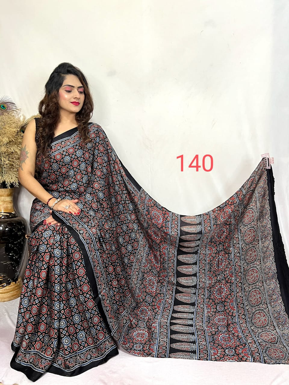Black, Red, and Blue Ajrakh Hand Block Print Modal Silk Saree.