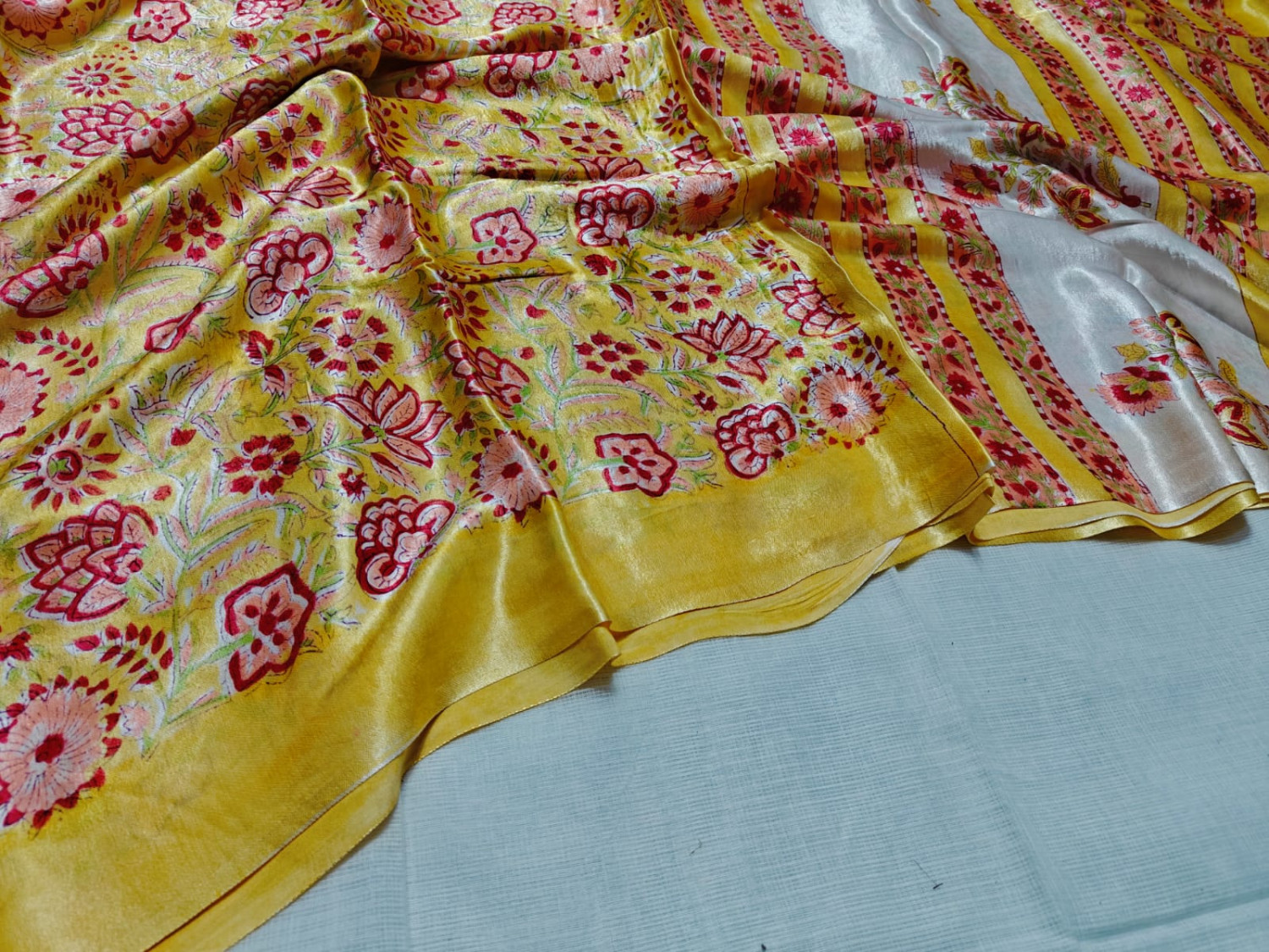 Sunshine Yellow Floral Hand Block Print Pure Modal Silk Saree