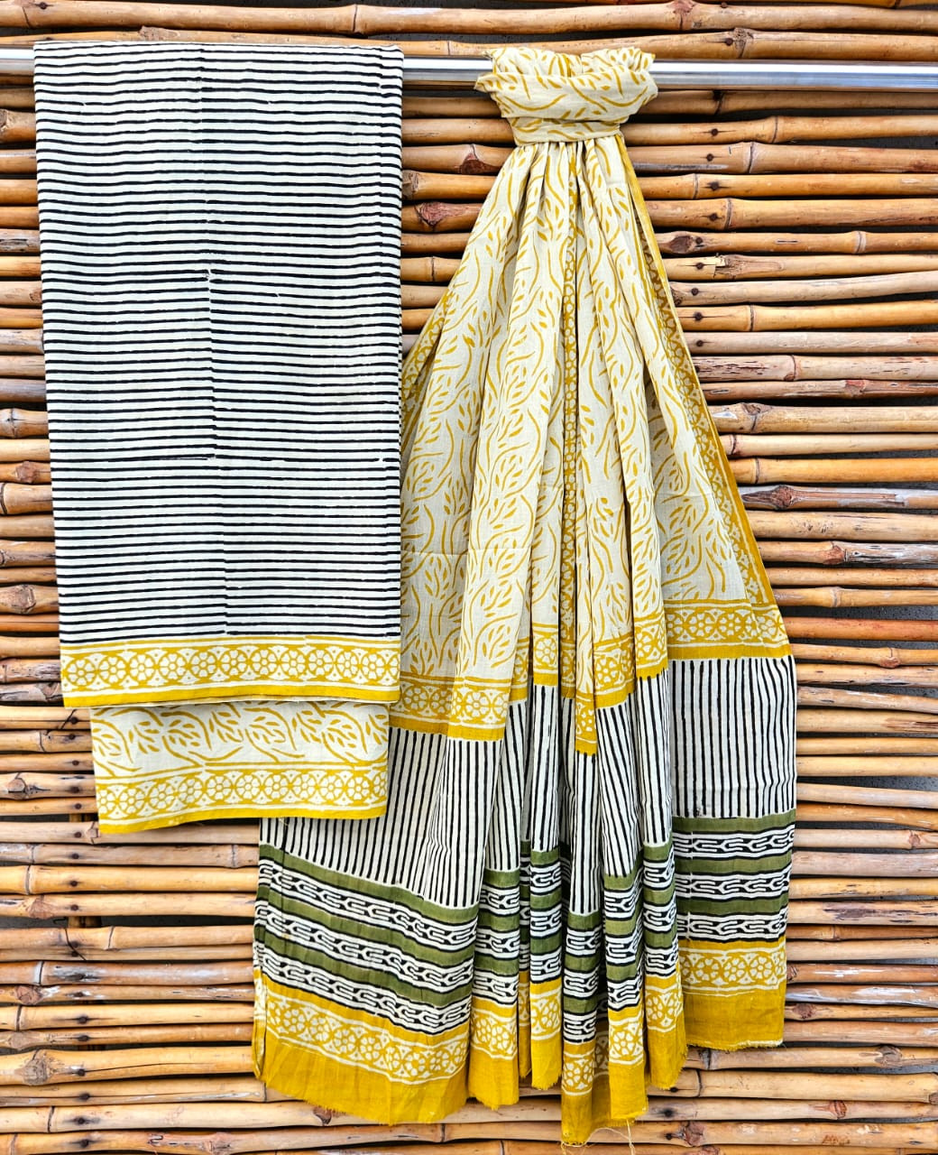 Vibrant Yellow and Green Hand Block Print Cotton Suit Set