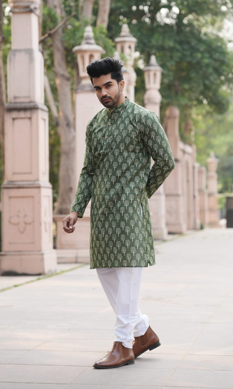 Olive Green Block Print Kurta with White Pyjama