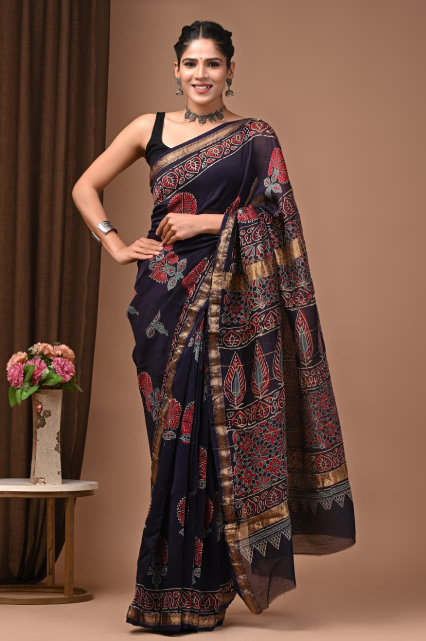 Black, Red, and Gold Hand-Block Printed Maheshwari Silk Saree