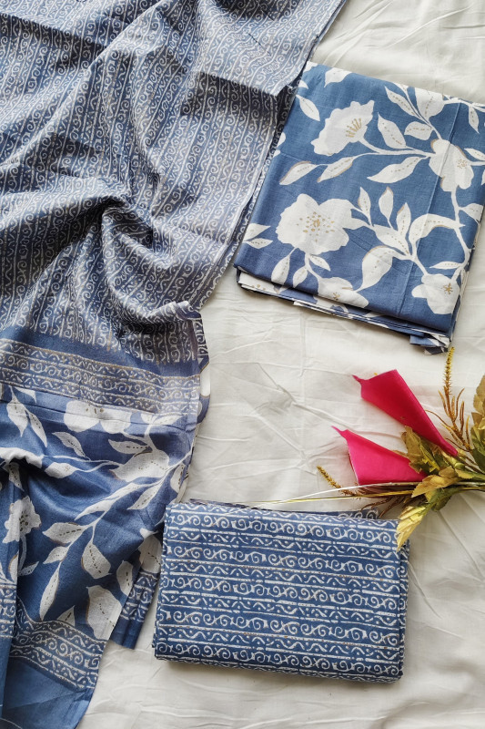 Classic Indigo Blue Hand Printed unstitched suit Material for Women 2.5 Mtr top and 2.5 Mtr Bottom and 2.5 Mtr Dupatta
