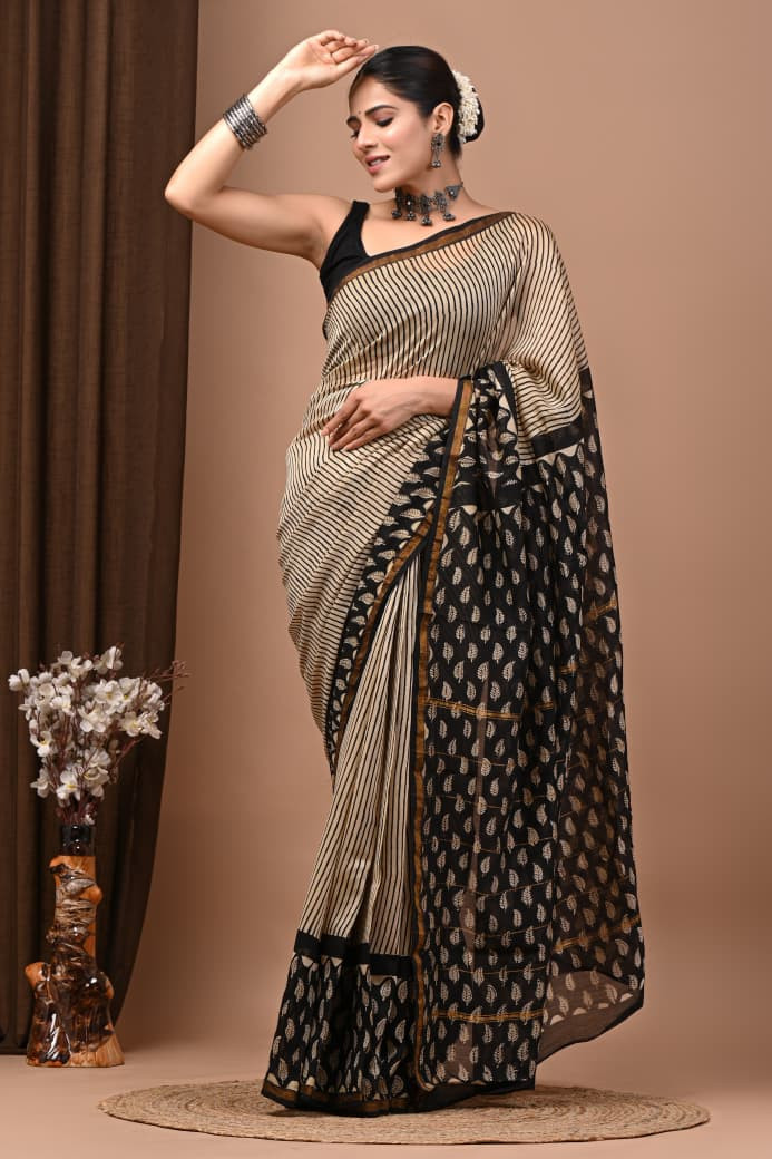 Black and White Hand Block Printed Traditional Silk Saree with Blouse: Natural Dyes & Colors