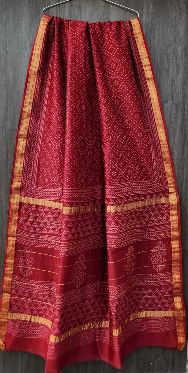 Maroon Red & Antique Gold Hand Block Printed Maheshwari Silk Saree with Blouse