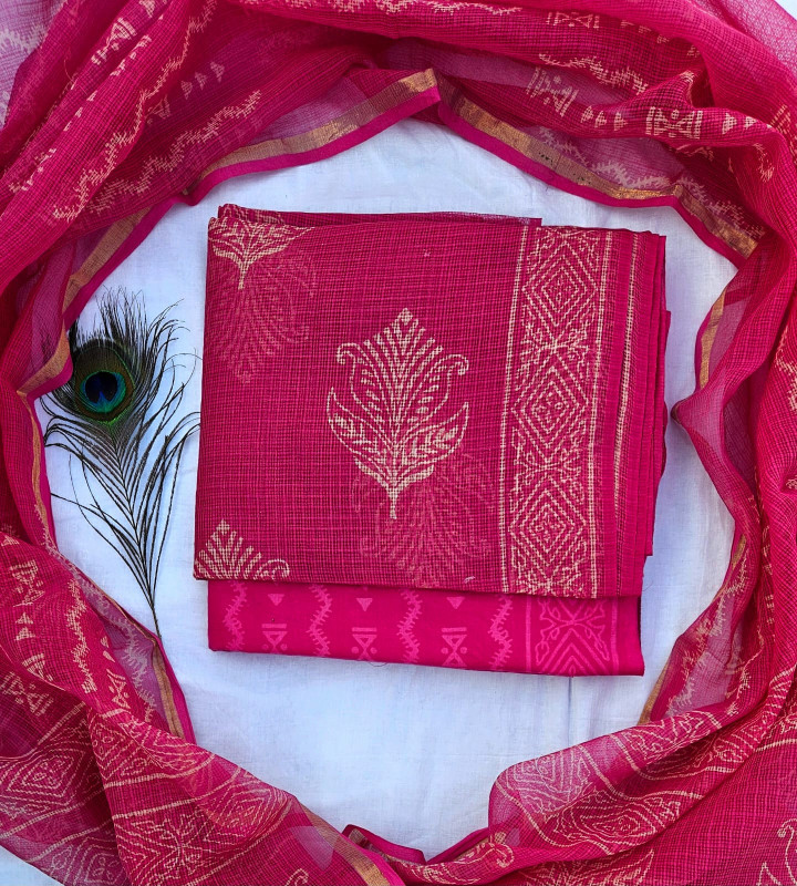 Fuschia Pink and Gold Handblock Printed Cotton Kota Doria Suit 2.5m top & dupatta and 2.5m cotton cambric bottom