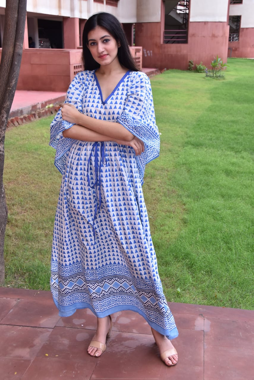 Sky Blue Kaftan Dress with Bagru Hand Block Print