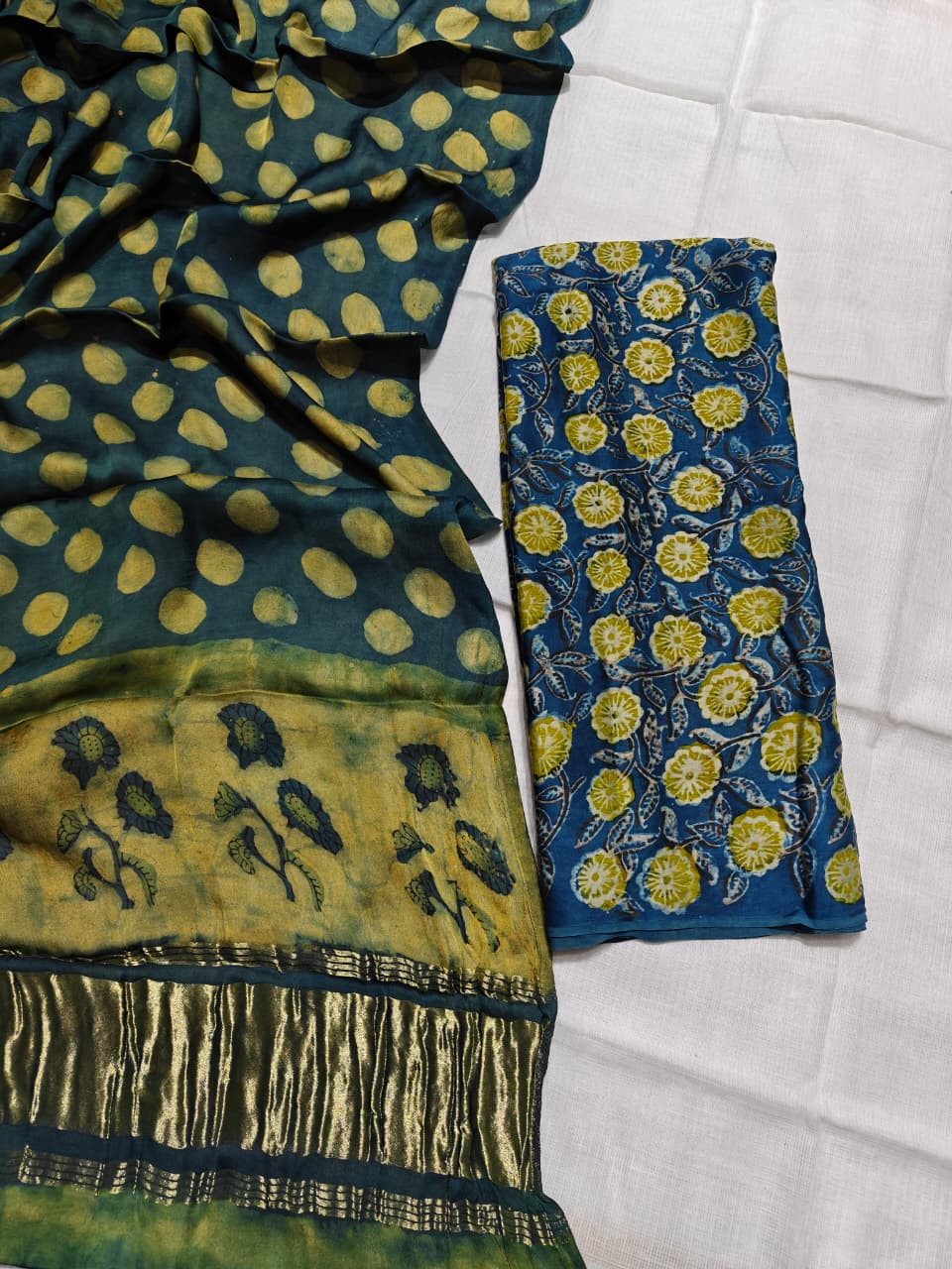 Deep Teal and Mustard Yellow Hand-Block Printed Maheshwari Silk Saree with Gold Zari Border
