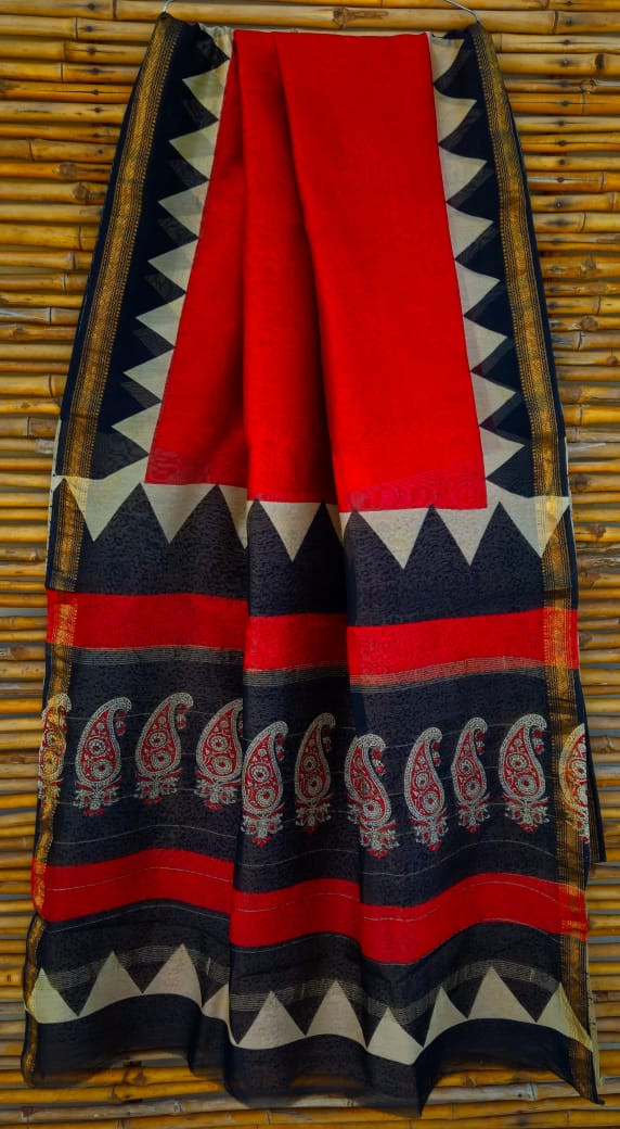 Crimson Red & Navy Blue Hand Block Printed Maheshwari Silk Saree with Blouse
