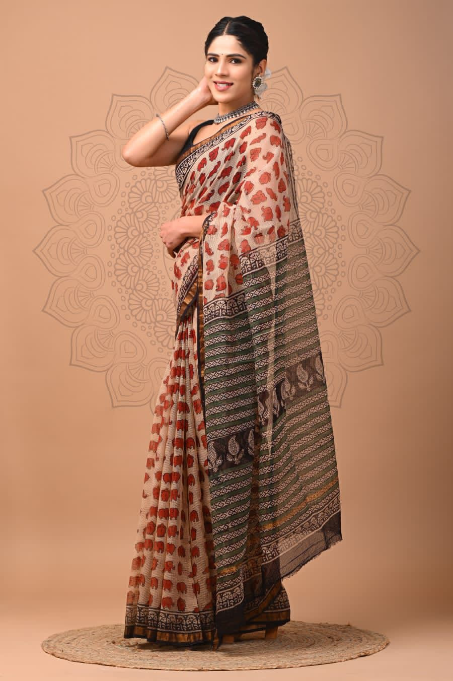 Rust Red & Green Hand Block Print Kota Doria Saree - 5.5m Length, 80cm Blouse