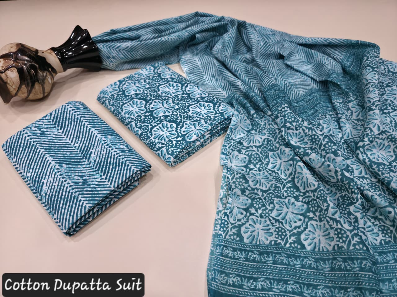 Teal Green and White Hand Block Printed Cotton Dupatta Suit.
