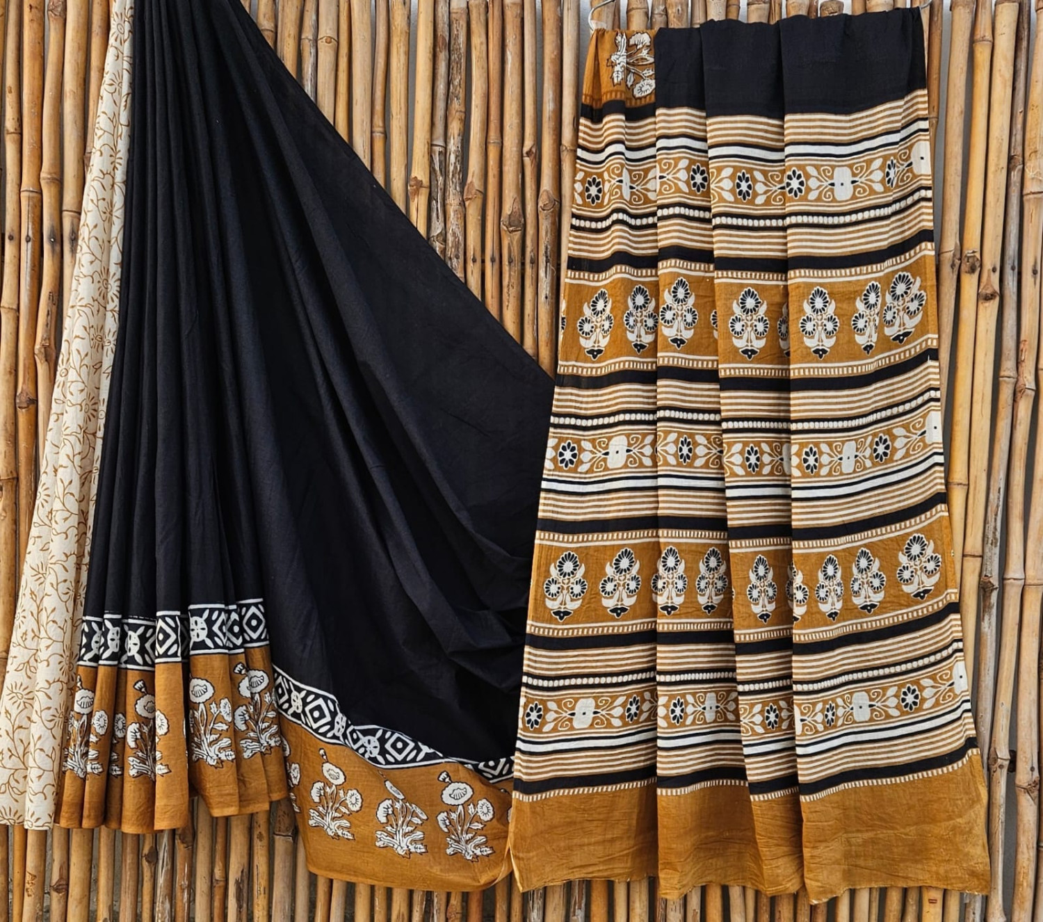 Black & Mustard Yellow Kalamkari Hand-Block Printed Mulmul Cotton Saree with Blouse (6.5 Meters, 92*80, 100% Pure Cotton Fabric)
