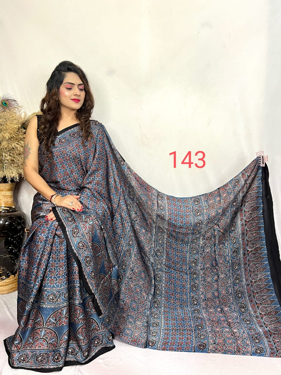Indigo Blue Ajrakh Hand Block Print Modal Silk Saree.