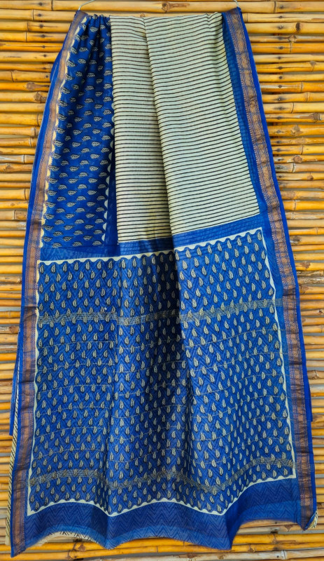Royal Blue & Ivory Cream Hand Block Printed Maheshwari Silk Saree with Blouse