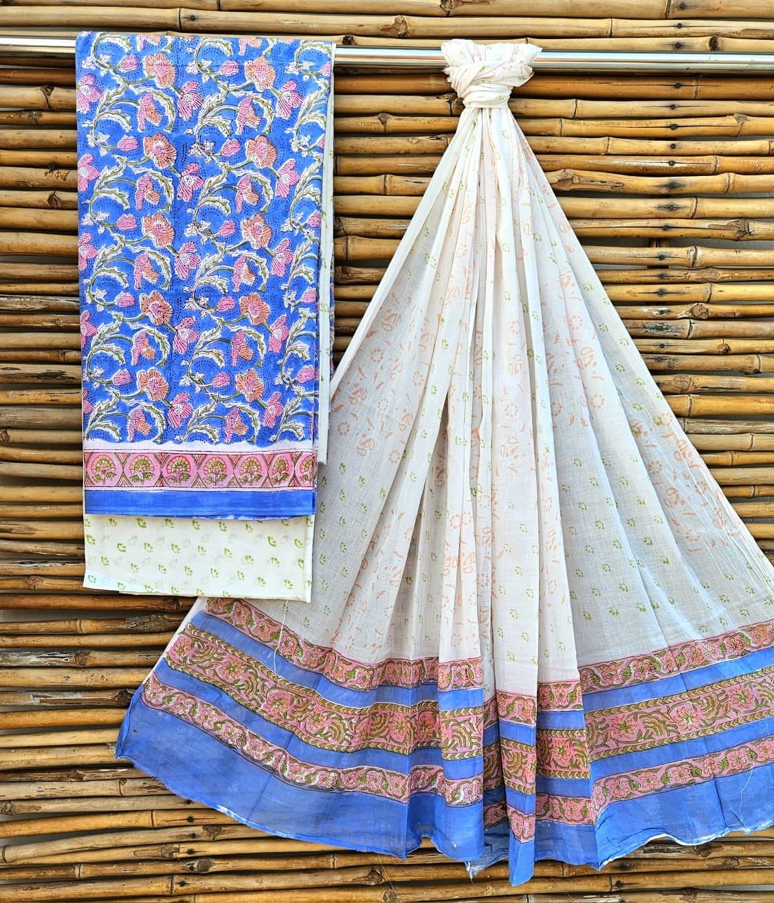 Serene Sky Blue and Blush Pink Hand Block Cotton Suit