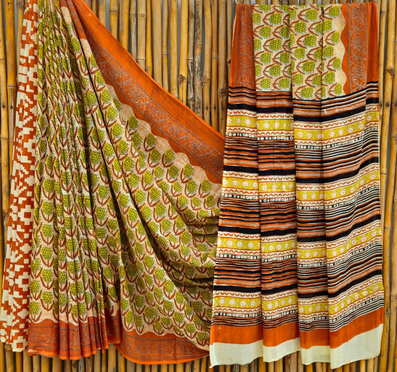 Orange & Green Hand Block Printed 100% Pure Mulmul Cotton Saree (6.5 Mtrs, 92*80)