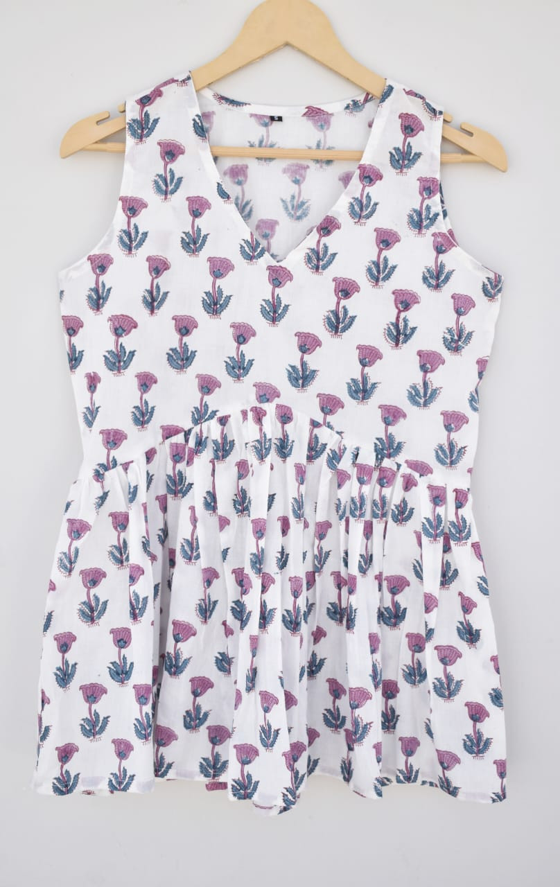 White Base Magenta and Blue Floral Hand Block Printed Cotton Sleeveless Peplum Top