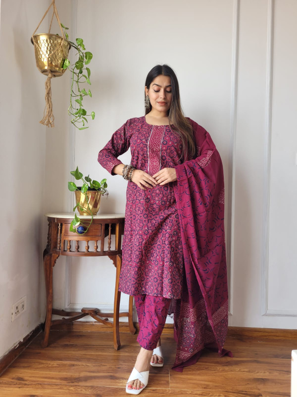 Maroon Printed Cotton Suit Set