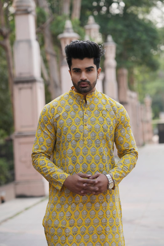 Mustard Yellow Cotton Ethnic Motifs Printed Men's Kurta