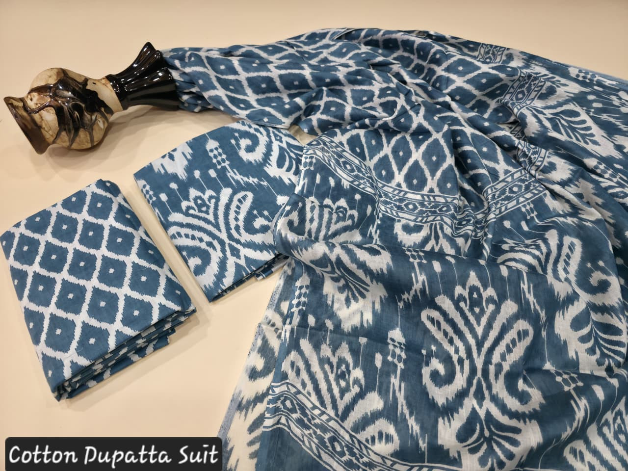 Navy Blue and White Hand Block Printed Cotton Dupatta Suit.