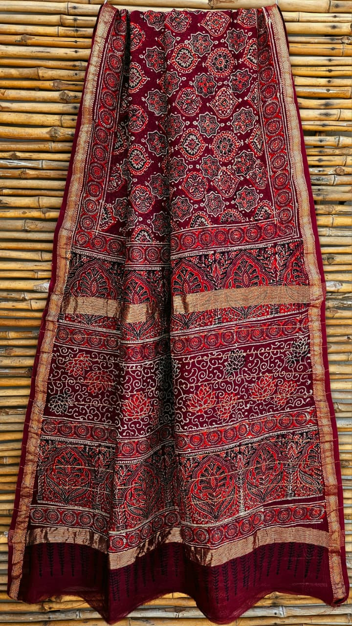 Maroon Maheshwari silk cotton blend hand block print saree with zari border