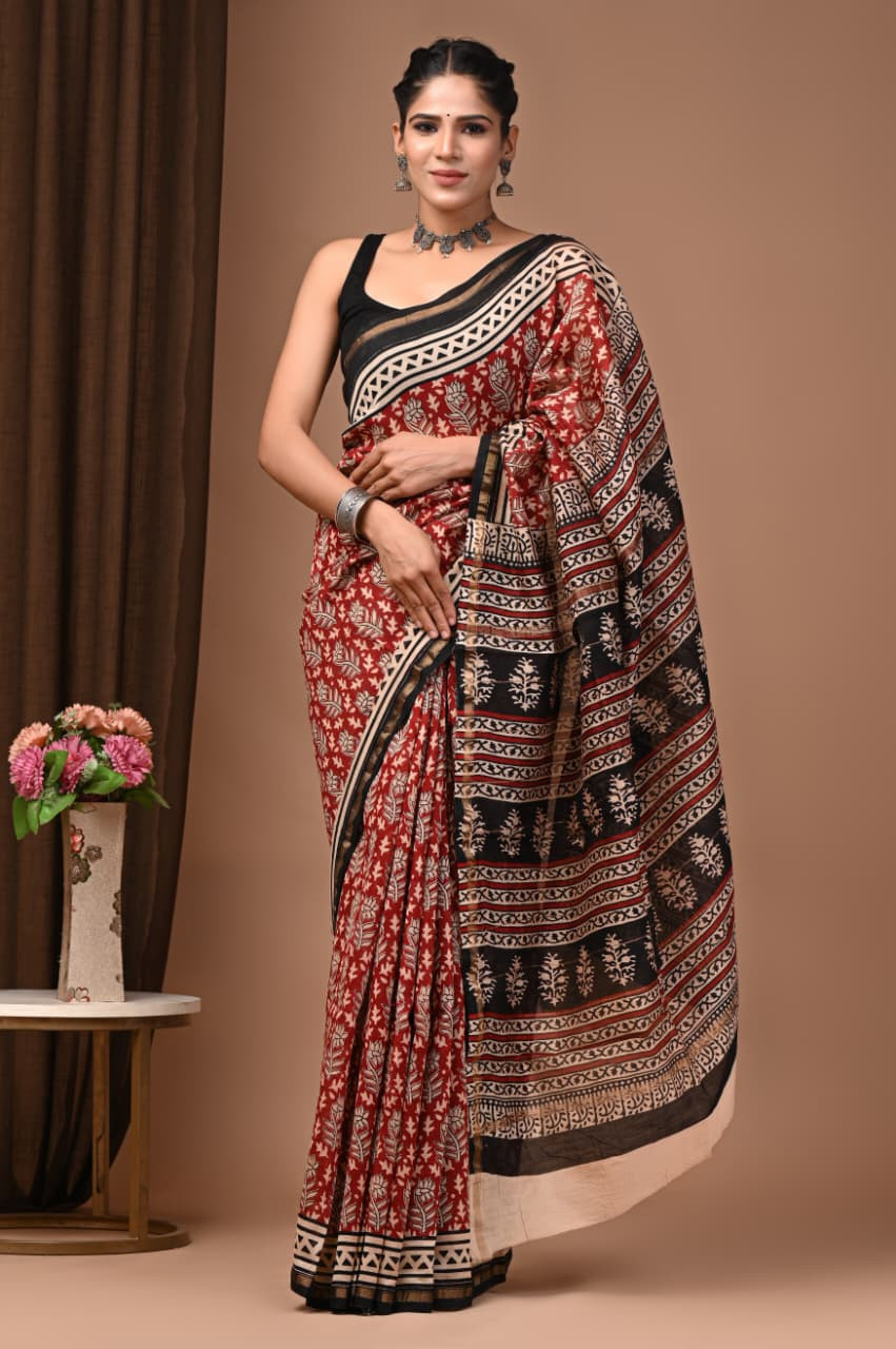 Crimson Aura: Hand-Block Printed Maheshwari Cotton-Silk Saree in Red & Black