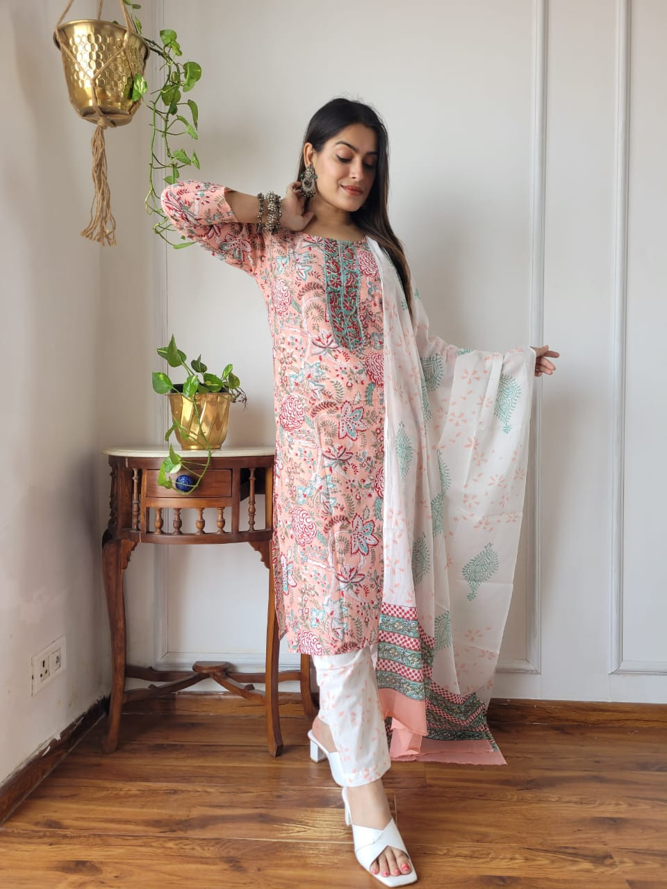 Blush Peach & Mint Green Cotton Floral Print Suit Set
