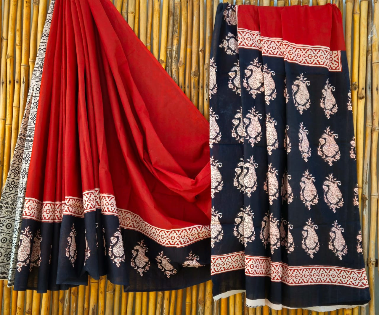 Red & Black Kalamkari Hand-Block Printed Mulmul Cotton Saree with Blouse (6.5 Meters, 92*80, 100% Pure Cotton Fabric)