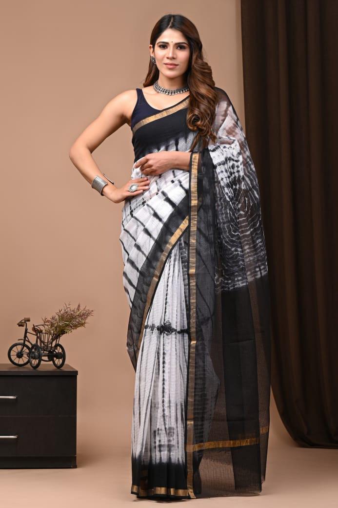 Hand Block Printed Black & White Kota Doria Saree