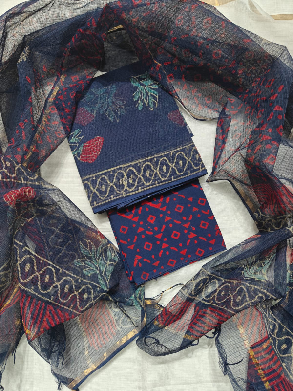 Navy Blue Geometric Hand Block Printed Kota Silk-Cotton Suit with Zari Border