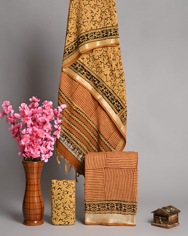 Mustard Yellow And Black Dabu Print Unstitched Suit Set