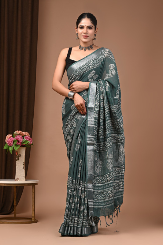 Deep Green with White Detailing  Traditional Floral & Geometric Handblock Printed Green Linen Saree