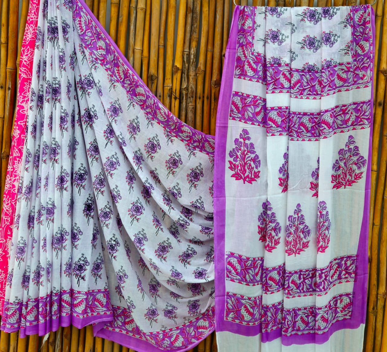 White, Purple & Pink Hand-Block Printed Mulmul Cotton Saree with Blouse (6.5 Meters, 92*80, 100% Pure Cotton Fabric)