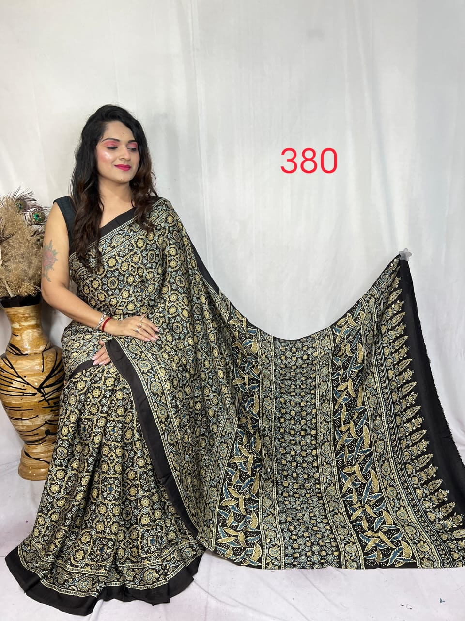 Black and Gold Modal Silk Ajrakh Print Saree