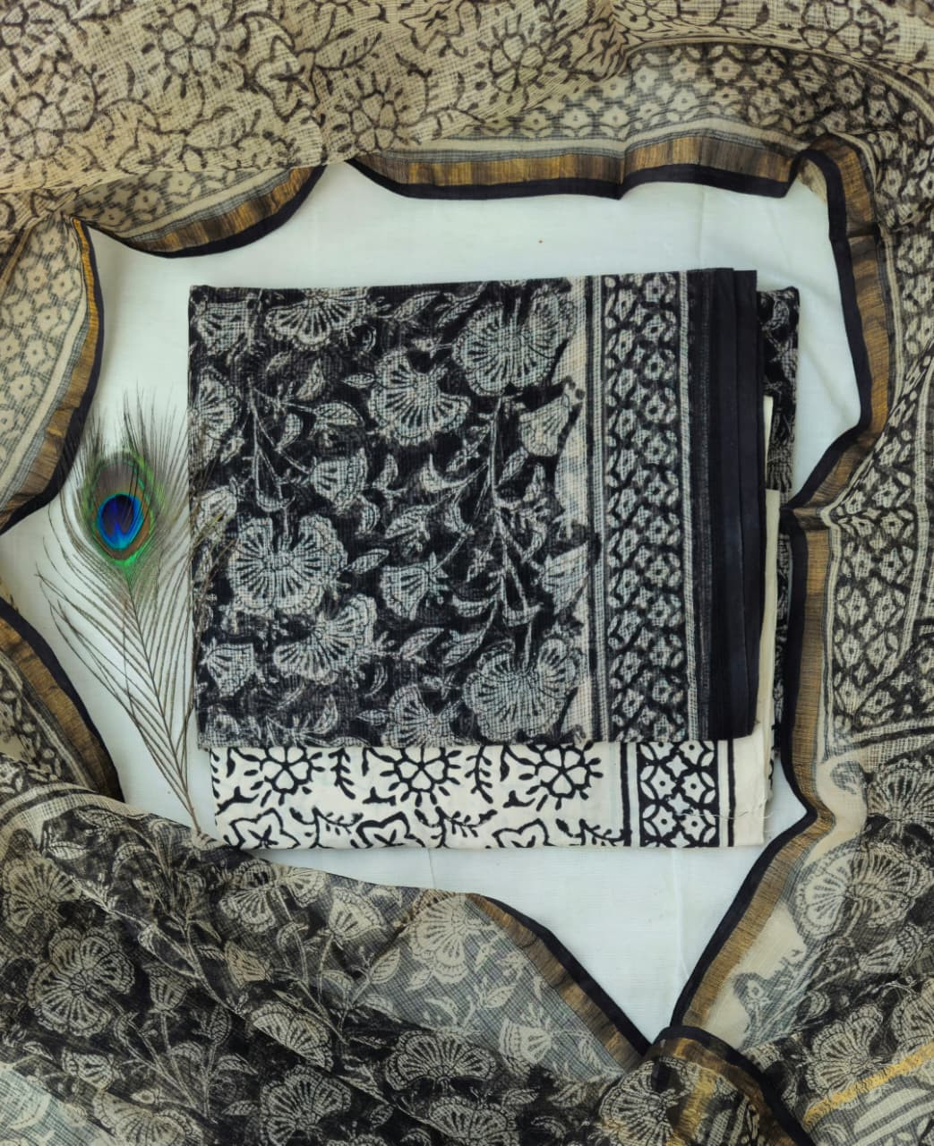 Premium Black Floral Hand Block Printed Kota Silk-Cotton Lightweight Suit with Zari Border & Cambric Bottom