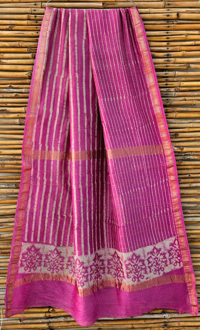Magenta Pink & Soft Gold Hand Block Printed Maheshwari Silk Saree with Blouse