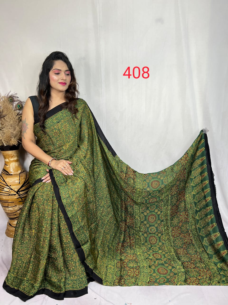 Green and Black Modal Silk Ajrakh Print Saree