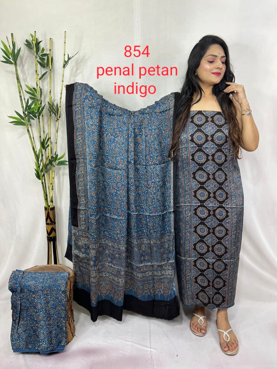 Indigo Ajrakh Hand Block Print  Saree Suit  Top 2.5 Miter ,Duppta 2.5 Miter, Buttom 2.5 Miter