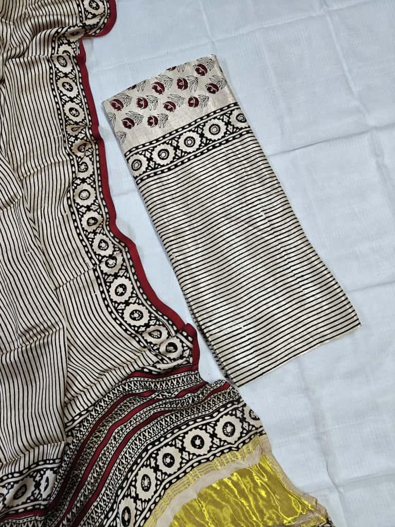 Handblock Printed Jaipuri Cotton Saree , Traditional Stripe & Floral Block-Print Design