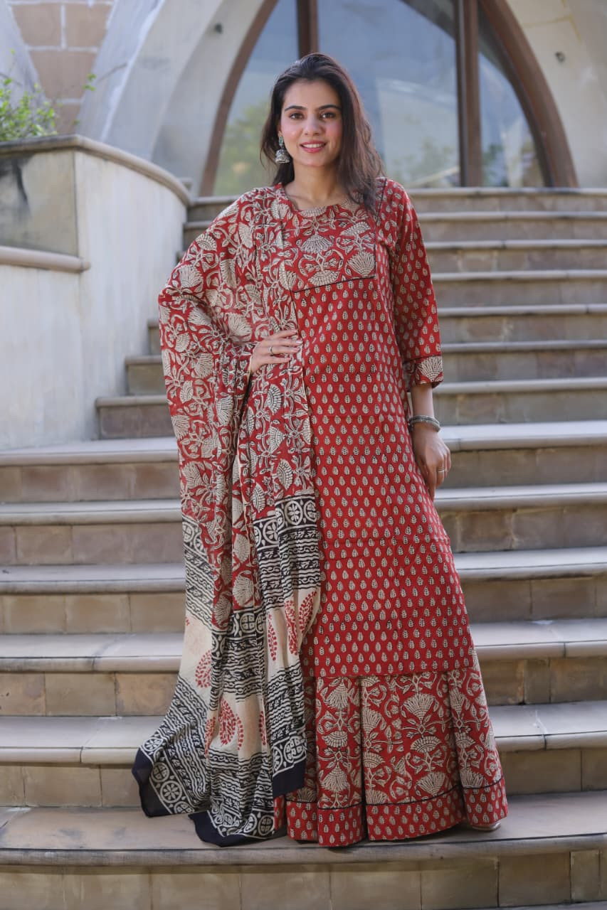 Red & Beige Hand Block Print Cotton Long Kurta & Skirt Set with Dupatta
