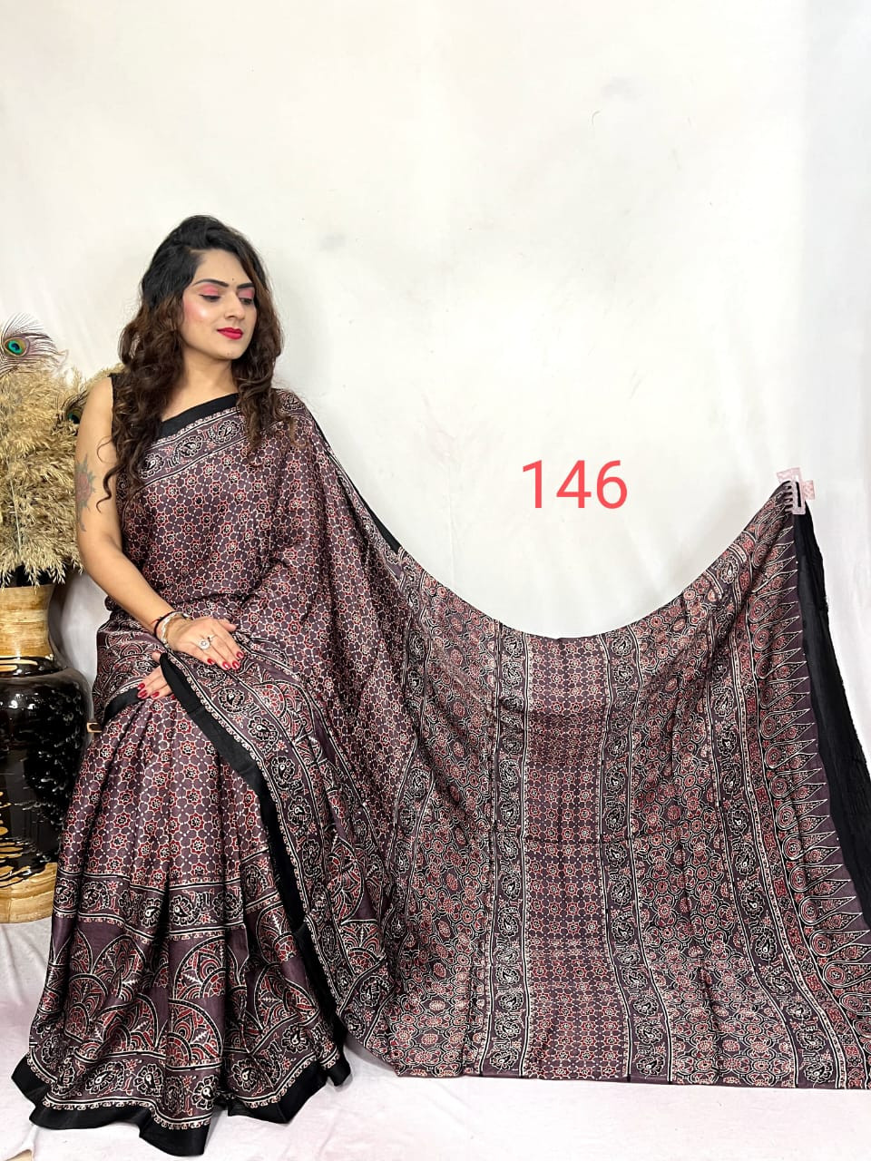 Black and Maroon Modal Silk Ajrakh Print Saree