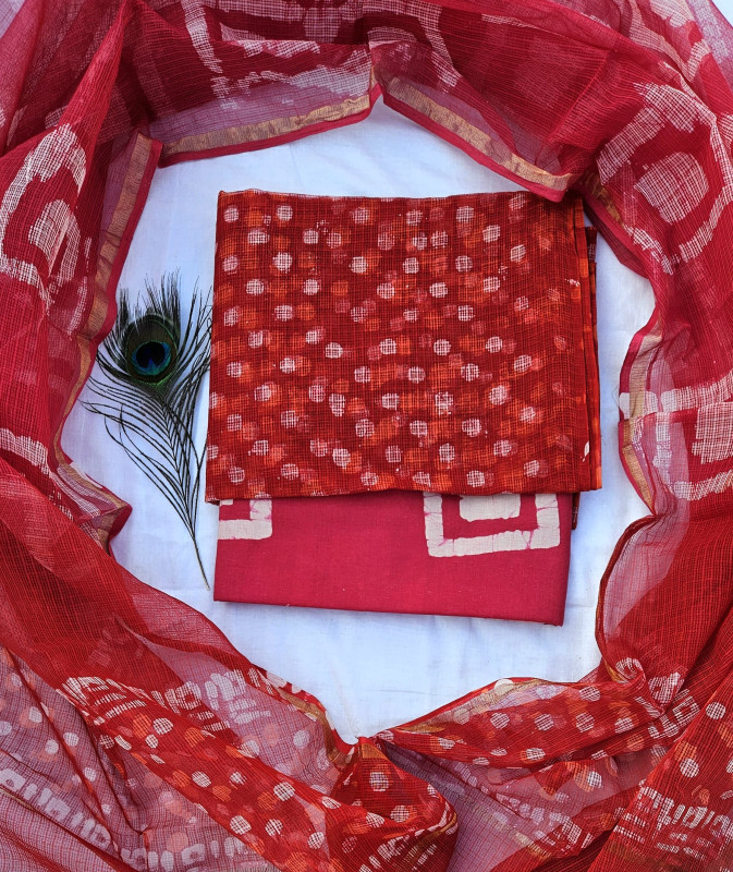 Red and White Geometric Handblock Printed Cotton Kota Doria  Suit 2.5m top & dupatta and 2.5m cotton cambric bottom