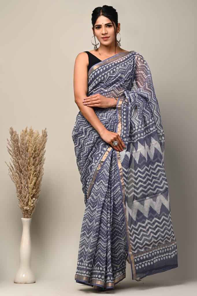 Grey & White Hand Block Printed Kota Doria Saree