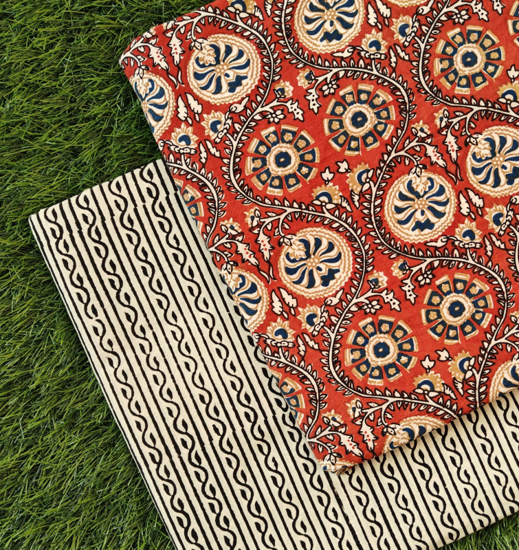 Crimson Red & Black 'Kamal' Motif and 'Bel' Striped Hand-Block Bagru Dabu Print Cotton (60/60) Cambric Suit Set – Top 2.50 MTR + Bottom 2.50 MTR