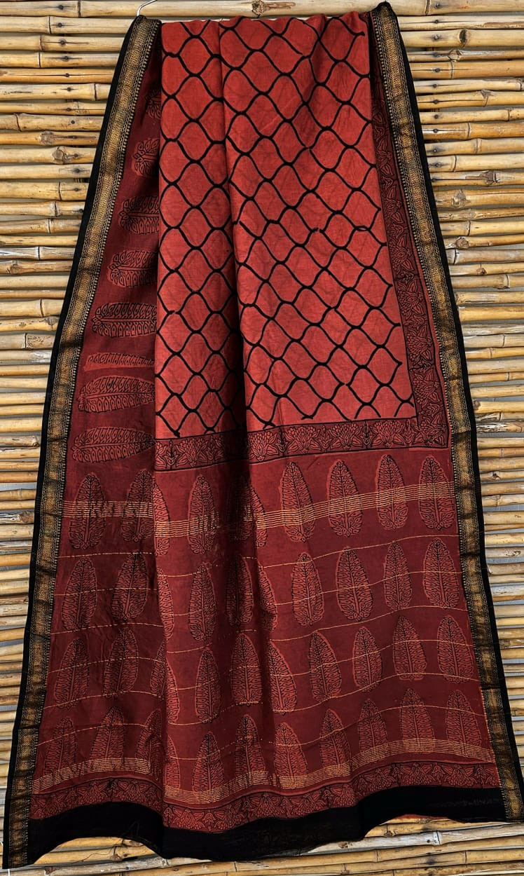 Rust Red & Black Hand Block Printed Maheshwari Silk Saree with Blouse