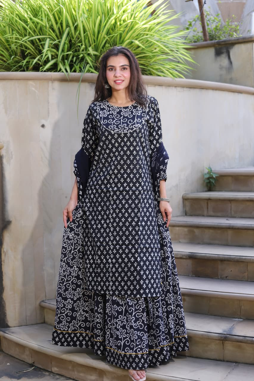 Black & White Hand Block Printed Cotton Long Kurta & Skirt with Dupatta