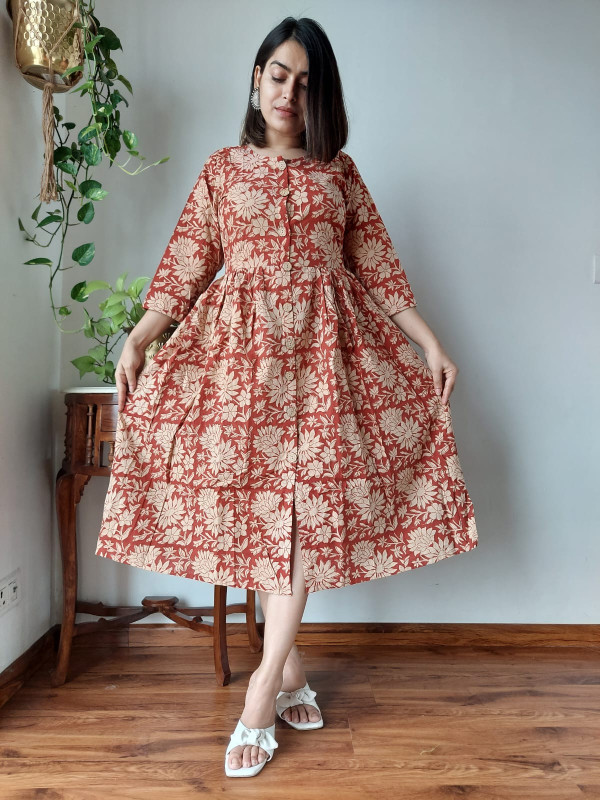 Rust OrangeHand Block Print Cotton One Piece Dress
