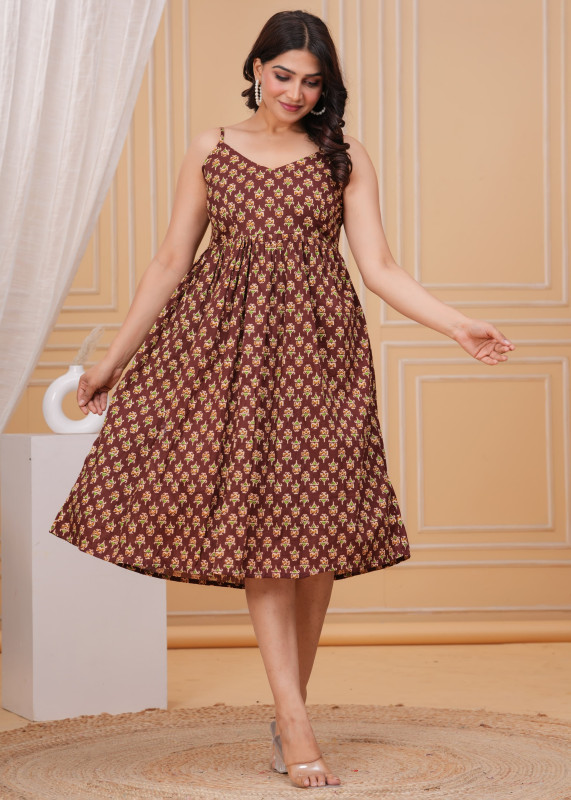 Brown Ethnic Geometric Print Sleeveless Gathered A-Line one pices Dress