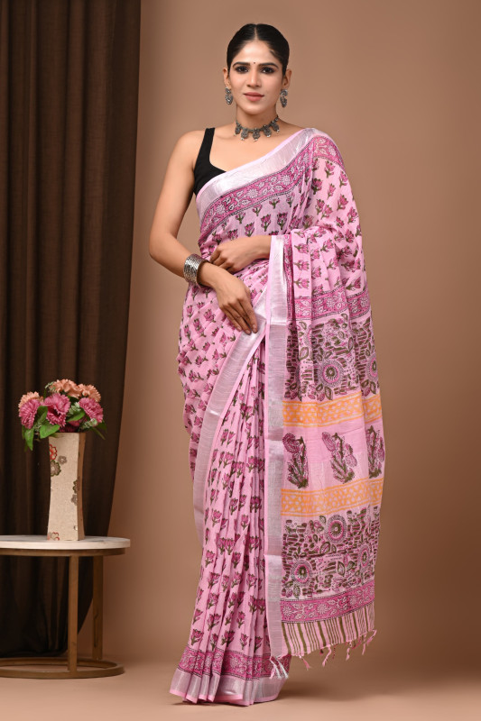 Light pink floral Hand block printend soft linen fabric saree